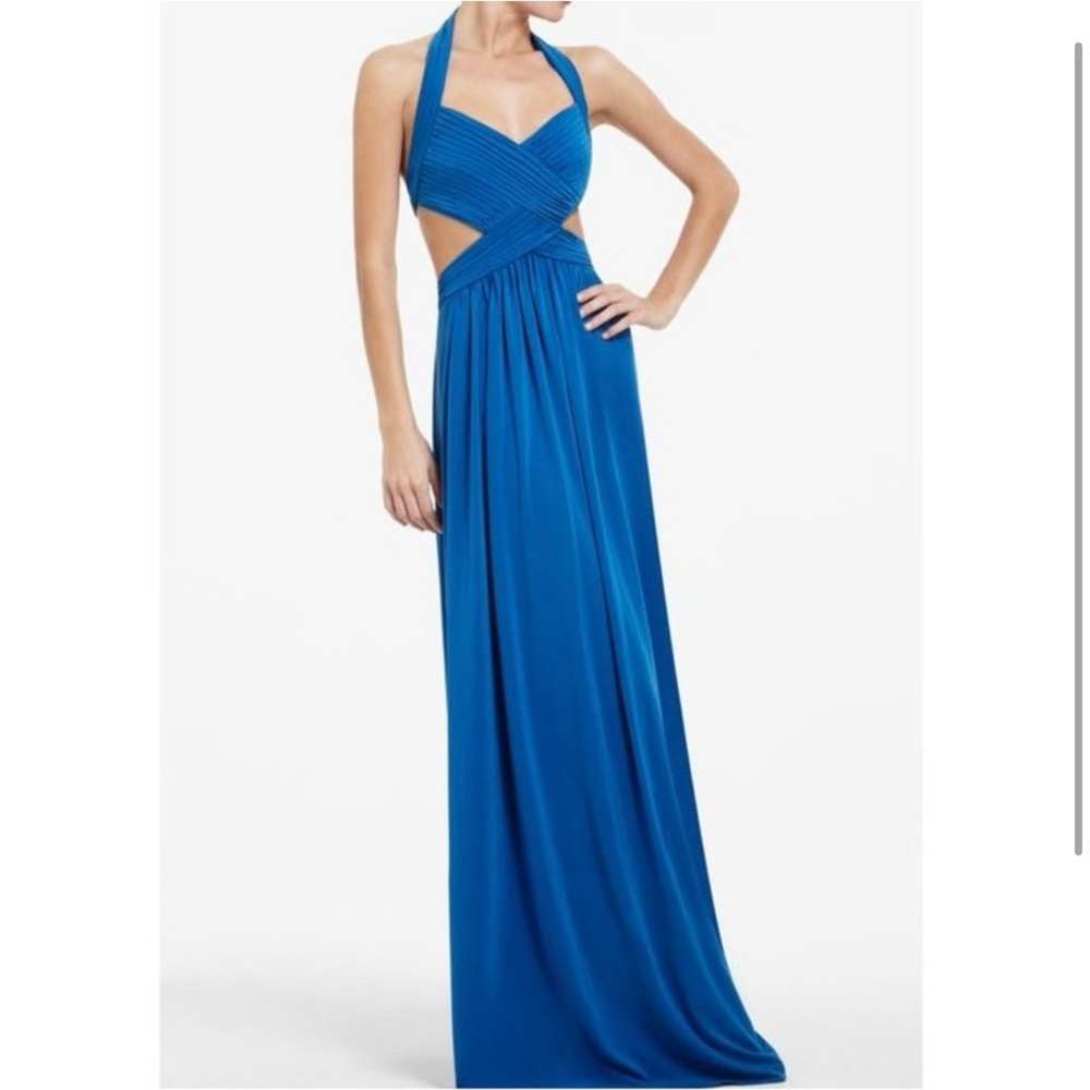 Bcbgmaxazria cutout backless halter gown